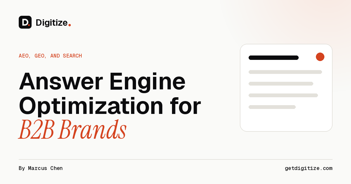 Digitize title card for a guide on answer engine optimization for B2B brands, covering AI search, earned media, and measurement