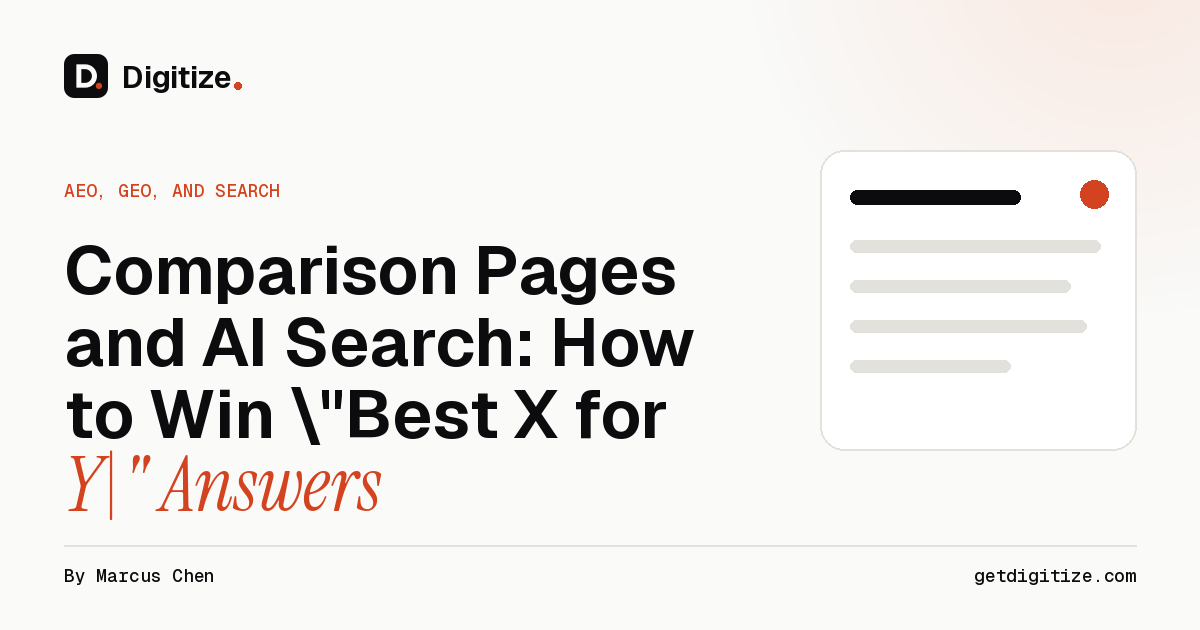 Digitize title card for a guide to comparison pages and winning best X for Y answers in AI search