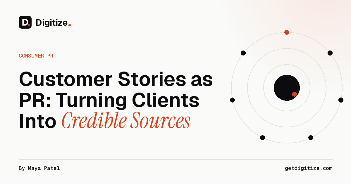 Digitize title card for a guide to customer stories as PR and turning clients into credible sources