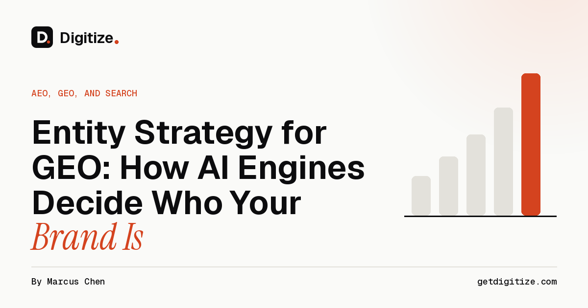 Digitize title card for a guide to entity strategy for GEO and how AI engines decide who a brand is