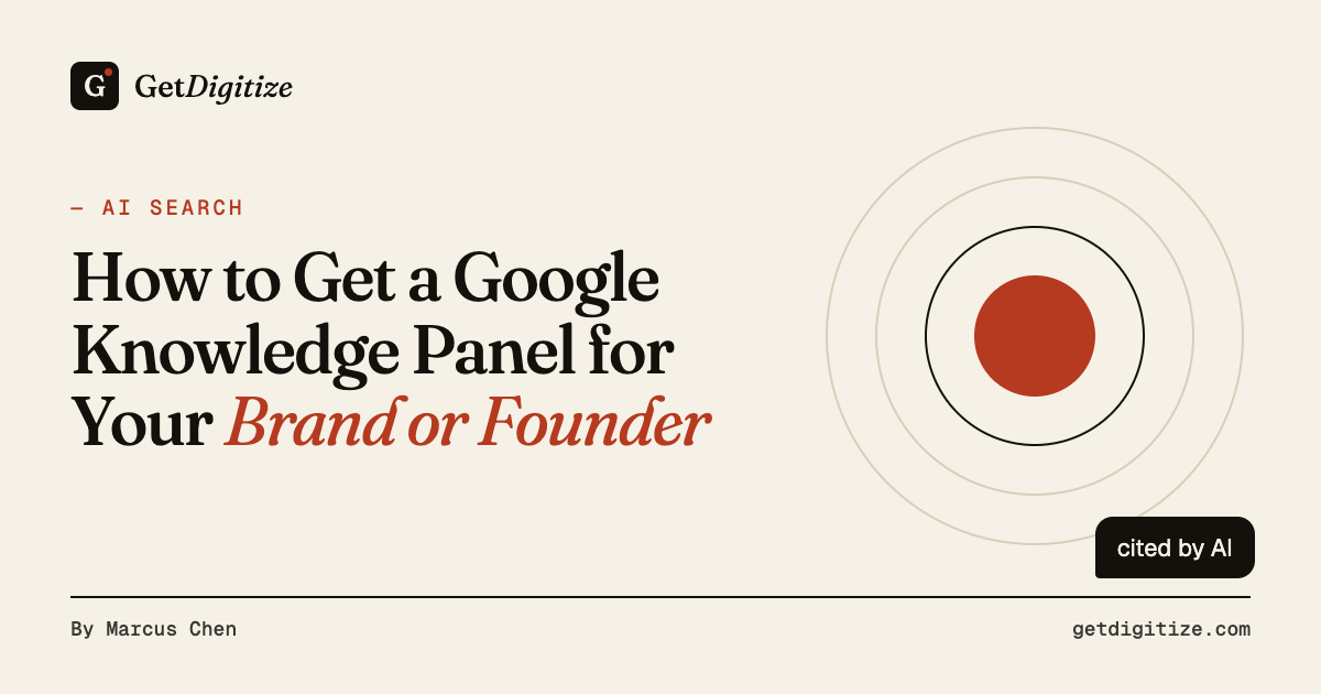 GetDigitize title card for getting a Google Knowledge Panel, showing a search result with an entity information box beside a brand logo