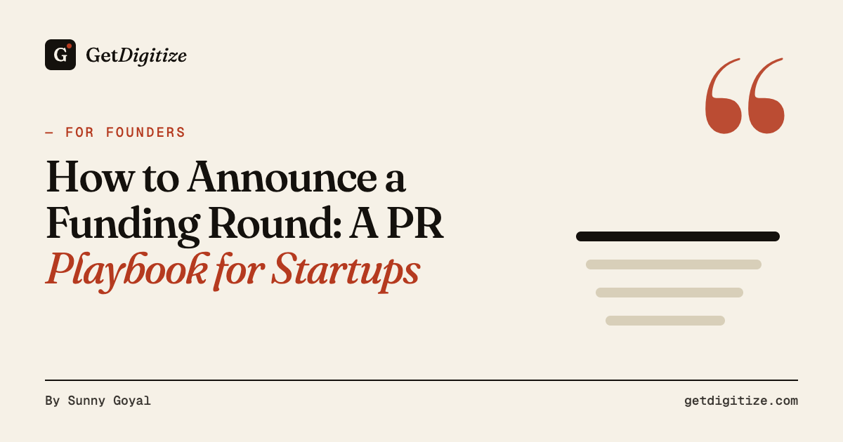 GetDigitize title card for a PR playbook on how to announce a startup funding round, with a launch timeline
