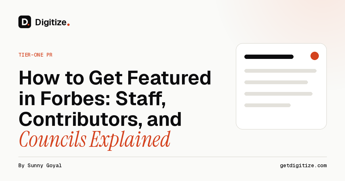 Digitize title card for a guide on how to get featured in Forbes, comparing staff reporters, contributors, and Forbes Councils