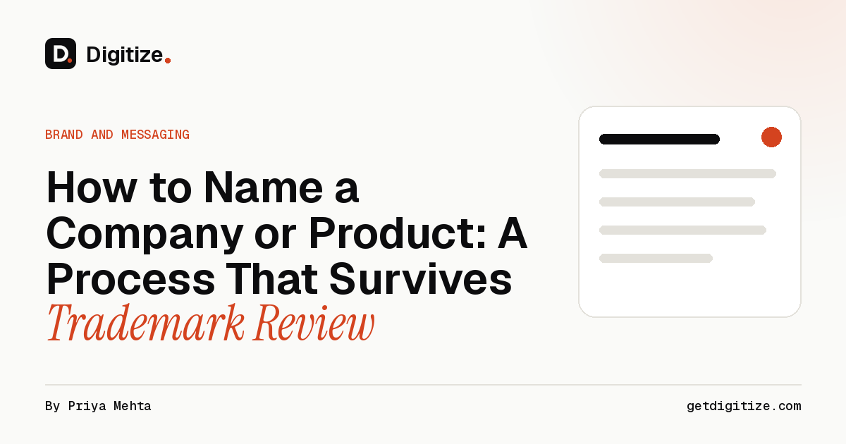 Digitize title card for a guide to naming a company or product with a process that survives trademark review