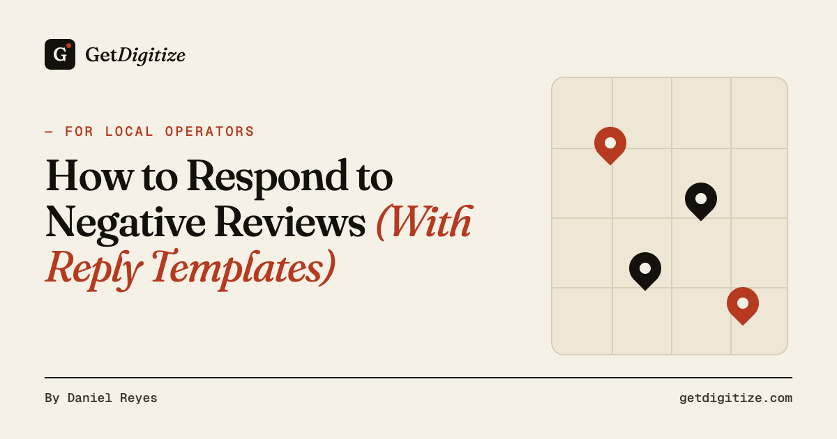 GetDigitize title card for a guide on how to respond to negative reviews, with a one-star review and a business owner reply