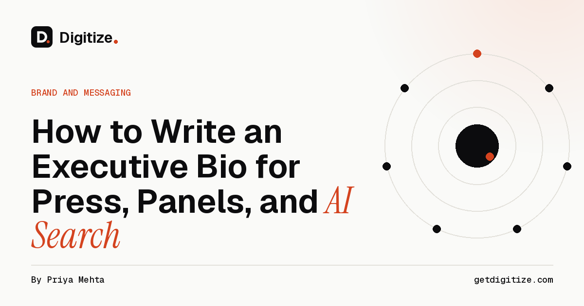 Digitize title card for a guide on how to write an executive bio for press, panels, and AI search
