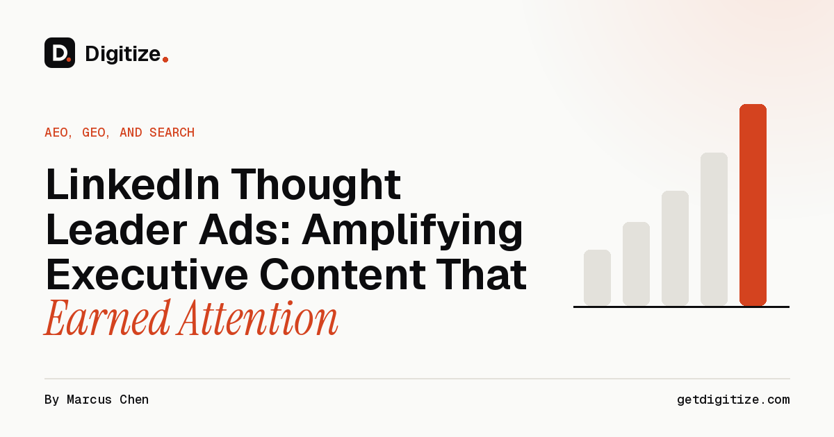 Digitize title card for a guide to LinkedIn Thought Leader Ads and amplifying executive content that earned attention