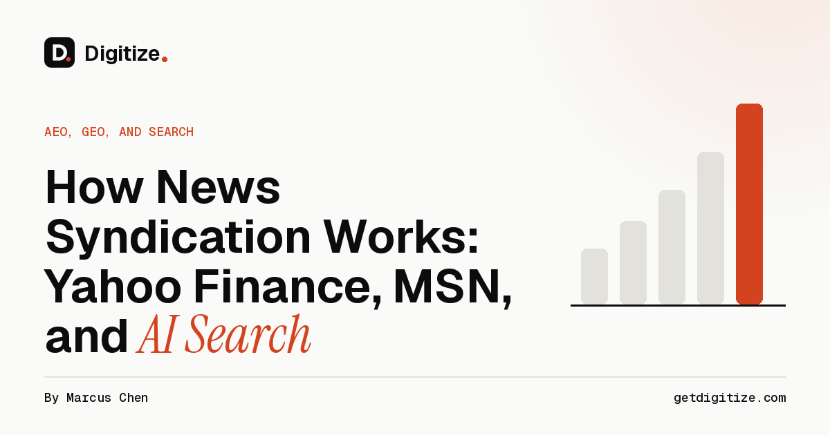 Digitize title card for a guide to how news syndication works on Yahoo Finance and MSN and what it means for AI search