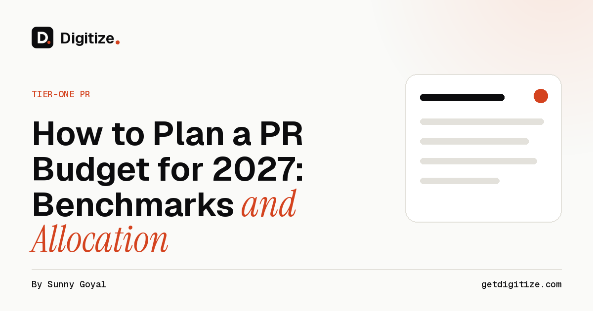 Digitize title card for a guide on how to plan a PR budget for 2027, with benchmarks and an allocation model