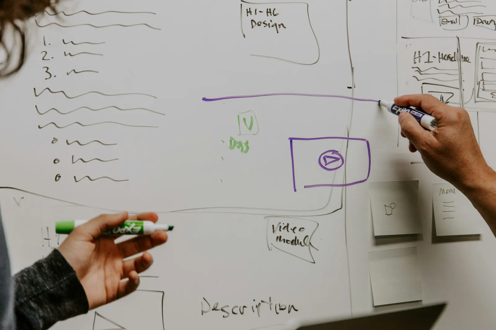 Two people sketching a product flow on a whiteboard covered with notes, wireframes, and sticky notes