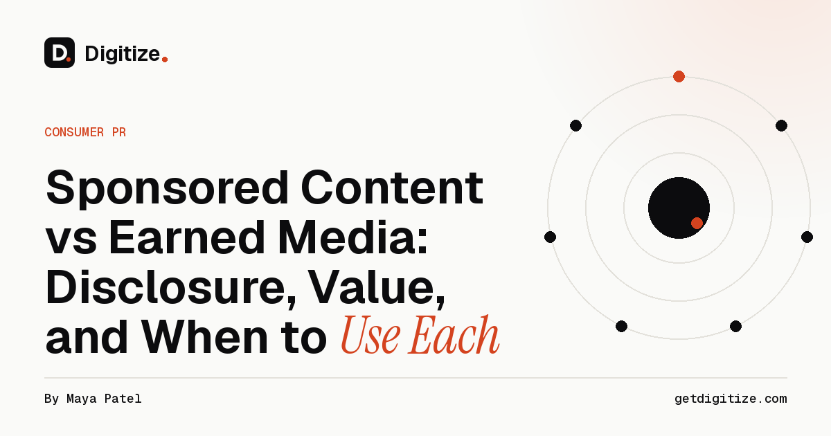 Digitize title card for a guide comparing sponsored content and earned media, with disclosure rules and when to use each