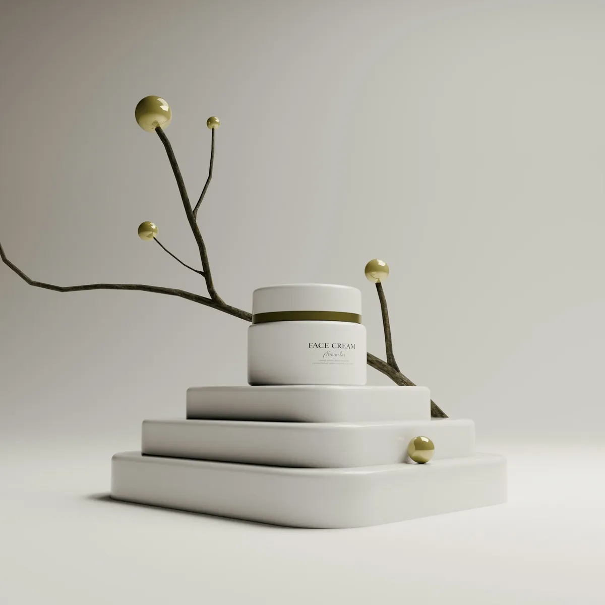 A premium skincare jar styled on a white plinth in a studio