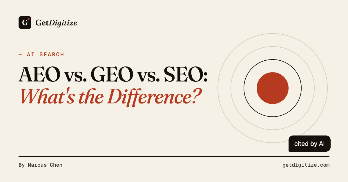 GetDigitize title card for AEO vs. GEO vs. SEO: What's the Difference?